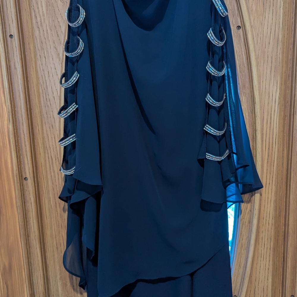MSK Navy Asymmetrical Dress with Silver Details